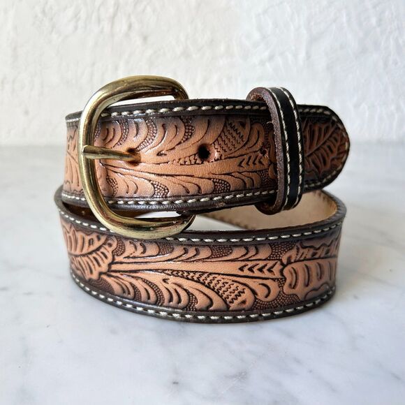 Vintage Western Tooled Leather Belt Cowboy Style with Brass Buckle-Men's Size 26 - Picture 1 of 8